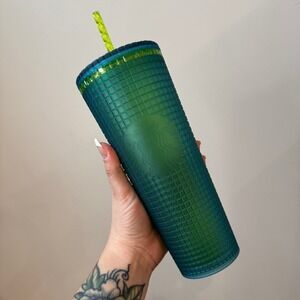 Starbucks Tumbler Teal‎ Green Jelly Grid Texture 24oz Reusable Cup With Straw